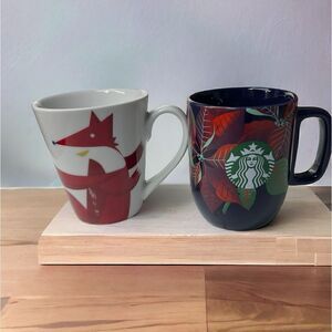 🎄2 Christmas cups!! Starbucks 2012 Christmas Red Fox with Bird & poinsettia mug